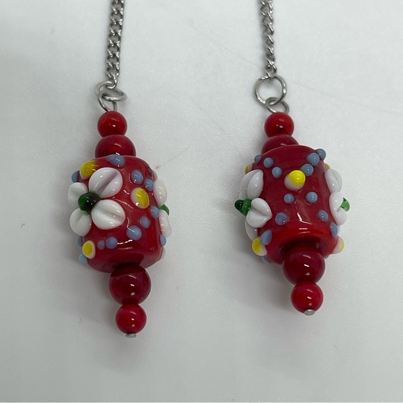 Handcrafted Red Floral Glass W Coral Silver Earrings NWT - Picture 3 of 6